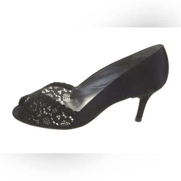 Stuart Weitzman Chantelle Black Satin Crystal Embellishments Peep-Toe Pumps-Sz 6 - Picture 1 of 12